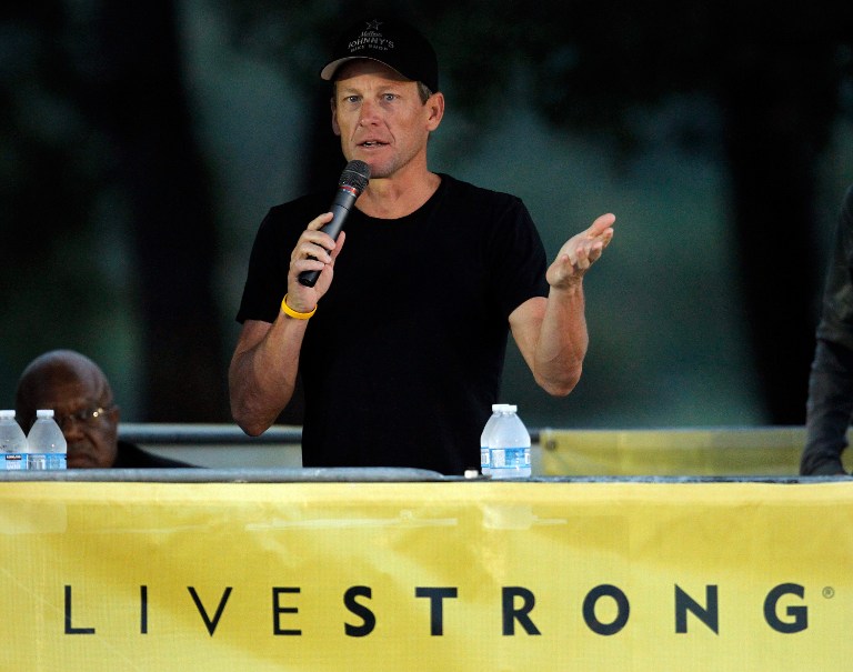 Cyclist Lance Armstrong addresses participants at The LIVESTRONG Challenge Ride at the Palmer Events Center on October 21, 2012 in Austin, Texas. Tom Pennington/Getty Images/AFP