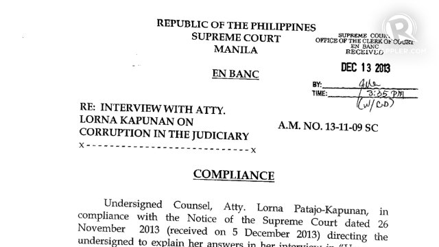 REPLIED. Lawyer Lorna Kapunan submits her reply after the Supreme Court asked her to explain her comments on judiciary corruption. Photo by Rappler 