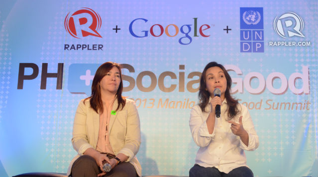 DRR CHAMPION. Sen Loren Legarda together with Sec Lucille Sering of the Climate Change Commission responds to questions from participants of the 2013 Manila Social Good Summit. Photo by Rappler 