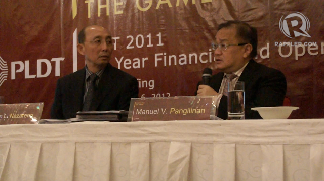 LONG FACES. PLDT Chairman Manuel V. Pangilinan explains why the telecommunications company saw a drop in 2011 profit.
