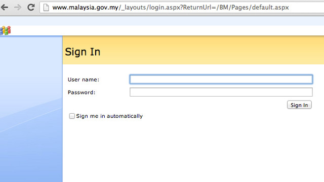 SITE DOWNTIME. Attempts to access Malaysia.gov.my redirected to this login page at 10:46 am.
