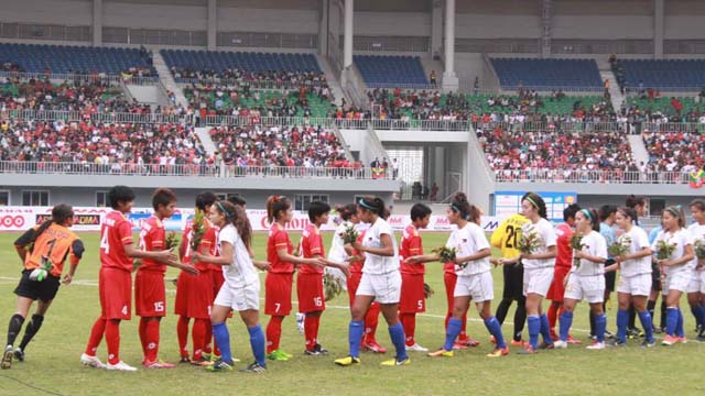 BAD START. The Malditas gave up two goals to SEA Games host Myanmar to start their campaign on a bad note. Photo from the Myanmar Football Federation Facebook account