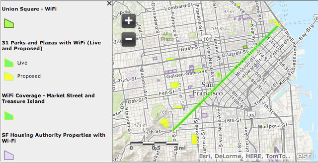 COVERAGE. Map of the coverage of the Market Street WiFi. Screen shot from sfgov.org 
