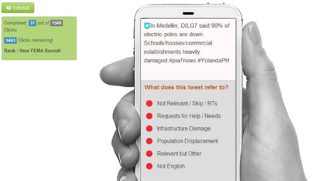 MICROMAPPERS. Help tag tweets for the UN to better help Filipinos. Screen shot from CrowdCrafting.org