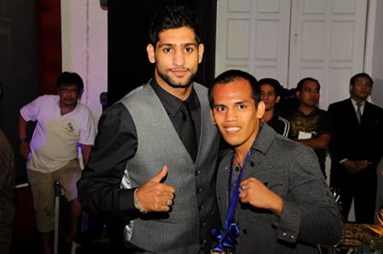 TOUGH BOXERS. Amir Khan with WBO Intercontinental champ Milan Milendo at the 12th Elorde awards. March 25, 2012. Hanz Lustre.