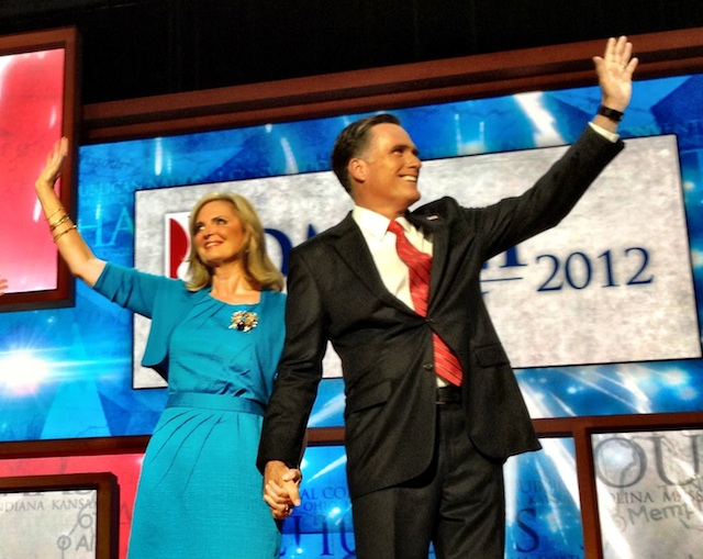 US Republican presidential candidate Mitt Romney (R) and his wife Ann at the Republican National Convention in Tampa, Florida, August 30, 2012. Photo courtesy of Romney's official page on Facebook.
