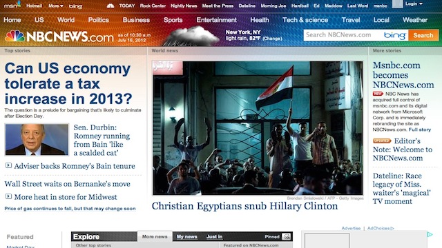 Screenshot of the homepage of NBCNews.com on July 16, 2012, hours after it was rebranded as a result of the ending of the 16-year joint venture between NBC and Microsoft. The old name MSNBC.com reflected the partnership.