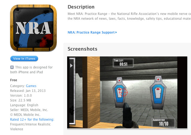 12 AND UP. The updated NRA: Practice Range page has a new age rating. Screen shot from Apple App Store.