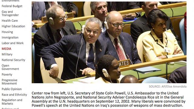 CAREER DIPLOMAT. Here John Negroponte is pictured beside Colin Powell as he makes the case to go to war with Iraq because it possesses weapons of mass destruction, a characterization which Negroponte now calls the "biggest intelligence failure in recent memory." Screenshot from www.americanprogress.org.