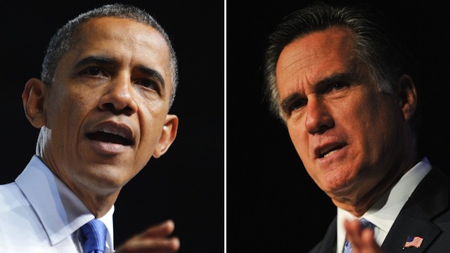 THE BATTLE IS ON. This combination of file pictures shows US President Barack Obama (L) speaking during a campaign event at Prime Osborn Convention Center July 19, 2012 in Jacksonville, Florida, and US Republican presidential hopeful Mitt Romney (R) addressing the Family Research Council's Values Voter Summit in Washington on October 8, 2011. AFP PHOTO/Mandel NGAN /Nicholas KAMM/FILES