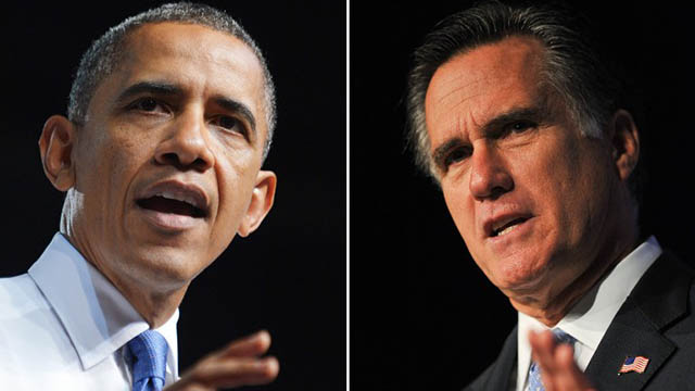 BATTLE OVER. This combination of file pictures shows US President Barack Obama (L) speaking during a campaign event at Prime Osborn Convention Center July 19, 2012 in Jacksonville, Florida, and US Republican presidential hopeful Mitt Romney (R) addressing the Family Research Council's Values Voter Summit in Washington on October 8, 2011. AFP PHOTO/Mandel NGAN /Nicholas KAMM/FILES