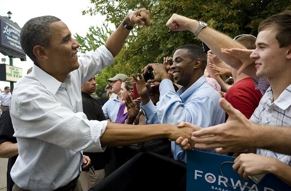 US President Barack Obama (R) greeting supporters in a campaign stop. Photograph courtesy of Obama for America