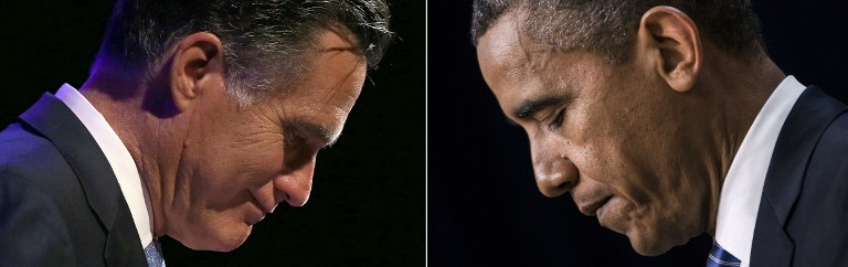 FACE-OFF. This combination of file pictures shows US Republican presidential candidate Mitt Romney (L) speaking during the American Legion 94th National Convention on August 29, 2012 in Indianapolis, Indiana, and US President Barack Obama (R) speaking during an event in the Eisenhower Executive Office Building on the White House campus August 3, 2012 in Washington, DC. AFP PHOTO/ Justin Sullivan/Getty Images/AFP - Brendan SMIALOWSKI/AFP