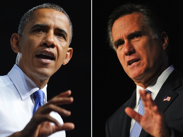 This combination of file pictures shows US President Barack Obama (L) speaking during a campaign event at Prime Osborn Convention Center July 19, 2012 in Jacksonville, Florida, and US Republican presidential hopeful Mitt Romney (R) addressing the Family Research Council's Values Voter Summit in Washington on October 8, 2011. AFP PHOTO/Mandel NGAN /Nicholas KAMM/FILES