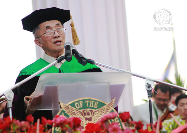 LIFE'S A RACE. Lopez family patriarch addresses graduates of University of the Philippines-Diliman after he was bestowed an honorary doctor of laws degree on April 22, 2012. Photo by Dawn Fabrero
