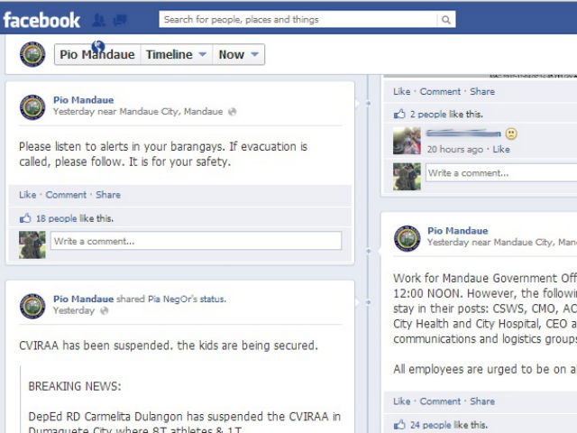 SOCIAL MEDIA AND DISASTER PREPAREDNESS. Mandaue City Public Information Office using Facebook to disseminate information on Typhoon "Pablo". Screengrab from Facebook.