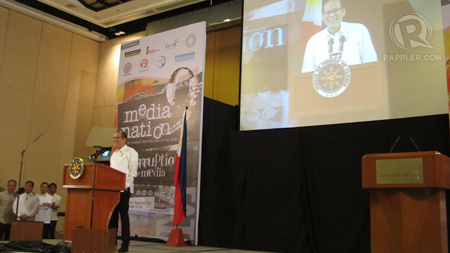 CREATIVE DESTRUCTION. President Aquino speaks before participants of Media Nation 9 in Tagaytay on November 23. Photo by Ira Cruz 