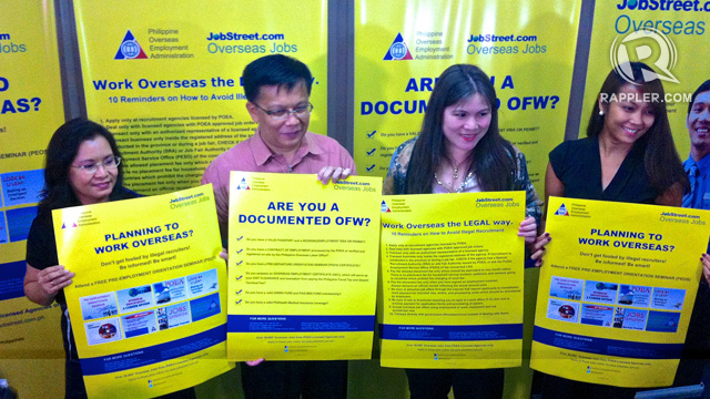 LEGAL. POEA Deputy Administrator Amuersina Reyes, POEA Administrator Hans Leo Cacdac, Jobstreet.com Country Manager Mary Grace Colet, and Jobstreet Marketing Manager Carolyn Enriquez leads the fights against illegal recruitment of OFWs. Photo by Rappler/Ace Tamayo 