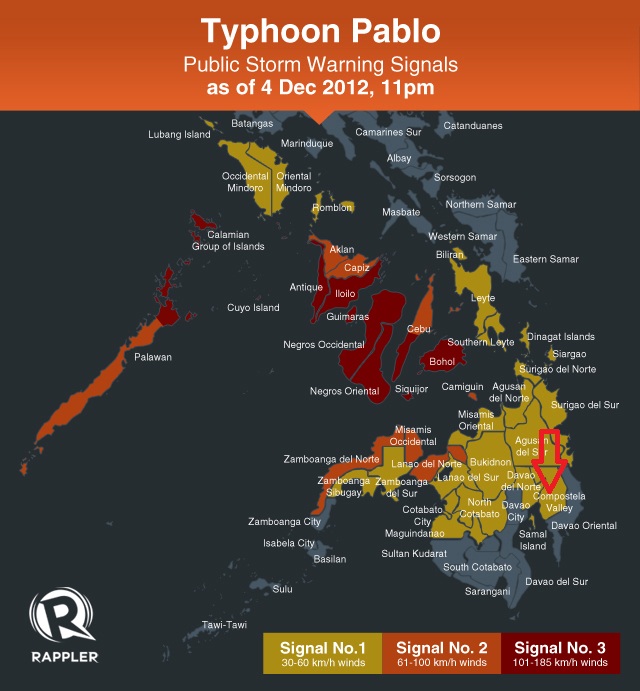 STORM SIGNAL. Provinces under storm signal during typhoon Pablo's onslaught.