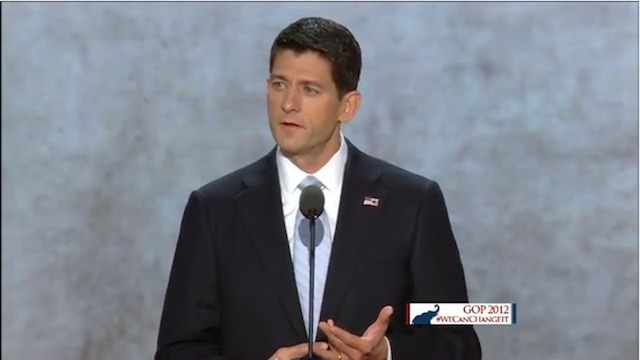 Rep. Paul Ryan speaks at the Republican National Convention in Tampa, Florida, August 29, 2012. Framegrab from the official GOP Convention livestream.