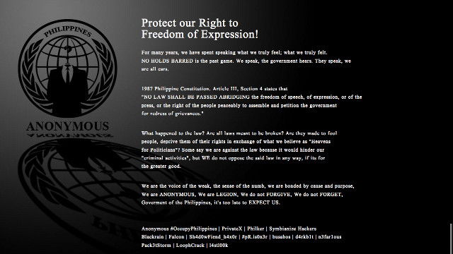 FREEDOM OF EXPRESSION. Anonymous Philippines appears again to present a message to the PNP. Screen shot of qcpdpnp.com