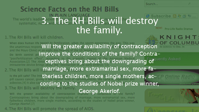 OUT OF CONTEXT. This reference to the research of 2001 Nobel winner George Akerlof was posted on CBCP's site to oppose the Reproductive Health bill.