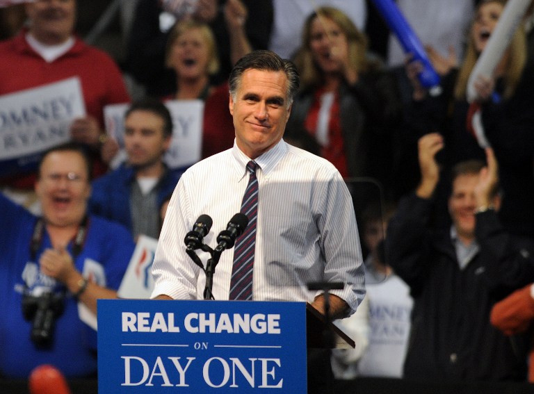 LAST STOP: NEW HAMPSHIRE Republican presidential candidate, former Massachusetts Gov. Mitt Romney speaks at a rally on November 5, 2012 at the Verizon Wireless Arena in Manchester, New Hampshire. Darren McCollester/Getty Images/AFP
