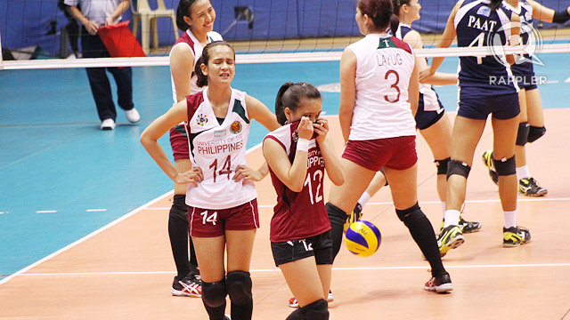 HEARTBREAK. UP players Julienne Calugcug (L) and Princess Gaiser (R) react to the disappointing loss. Photo by Josh Abelda