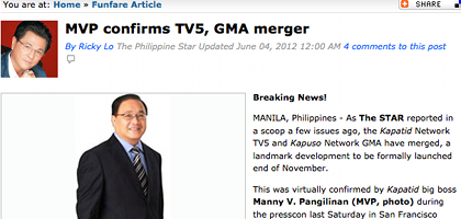 Screen shot of the "breaking news" on the reported merger between two Philippine media firms