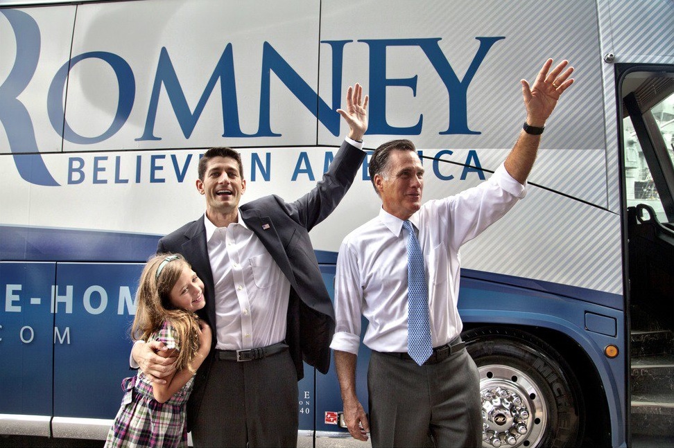 Republican Presidential candidate Mitt Romney (R) and running mate Paul Ryan (L) at a campaign stop. Photo courtesy of the Romney-Ryan campaign.