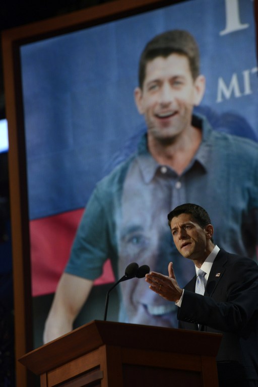 Republican vice presidential nominee Paul Ryan delivers the key note address during the third day of the 2012 Republican national Convention at the Tampa Bay Times Forum August 29, 2012 in Tampa, Florida. AFP PHOTO/Brendan SMIALOWSKI