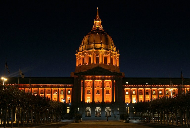 San Francisco city hall is seen illuminated with orange lights, October 25, 2010 in San Francisco, California. Justin Sullivan/Getty Images/AFP