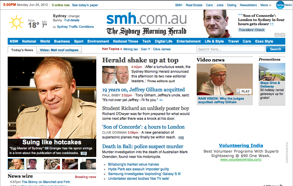 Homepage of the Sydney Morning Herald on Monday, June 25, 2012.
