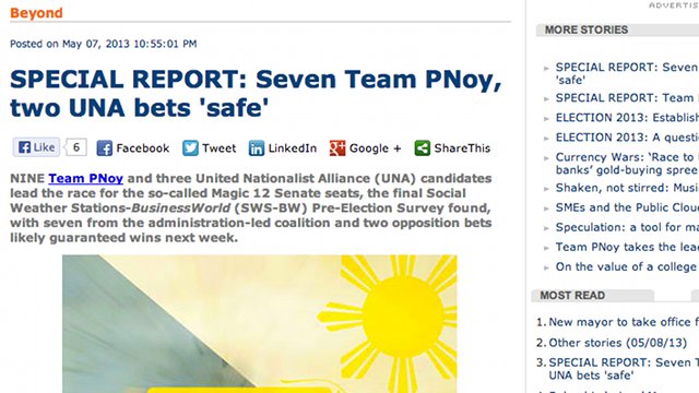 Screenshot of the Businessworld report on the SWS survey