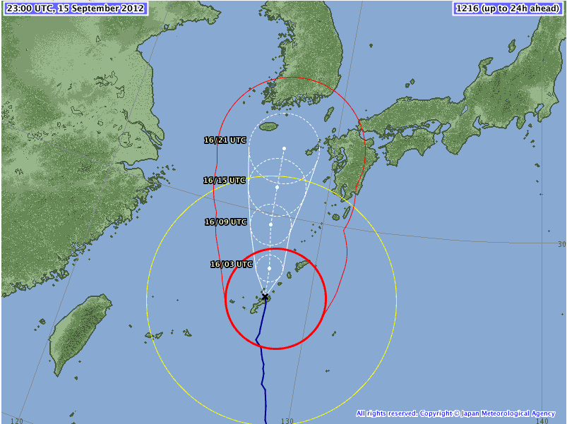 Forecast map of Typhoon Sanba issued Issued at 23:50 UTC, 15 September 2012. Image courtesy of the Japan Meteorological Agency.