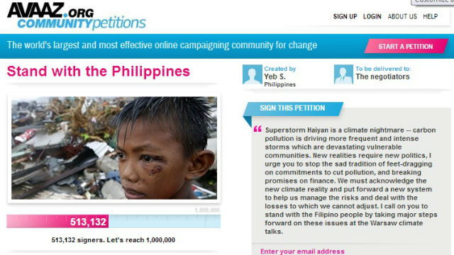 STAND WITH THE PH. Around 513,132 signers have supported Philippine Climate Commissioner Yeb Saño's call for solidarity with the country's cause. Screen grab from Avaaz.org