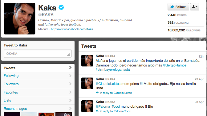 10 MILLION FOLLOWERS. Kaka has become the first athlete in the world to reach 10 million followers on Twitter. 