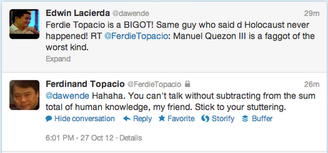 WORD WAR. Presidential spokesperson Edwin Lacierda and Arroyo lawyer Ferdie Topacio exchange jabs on Twitter