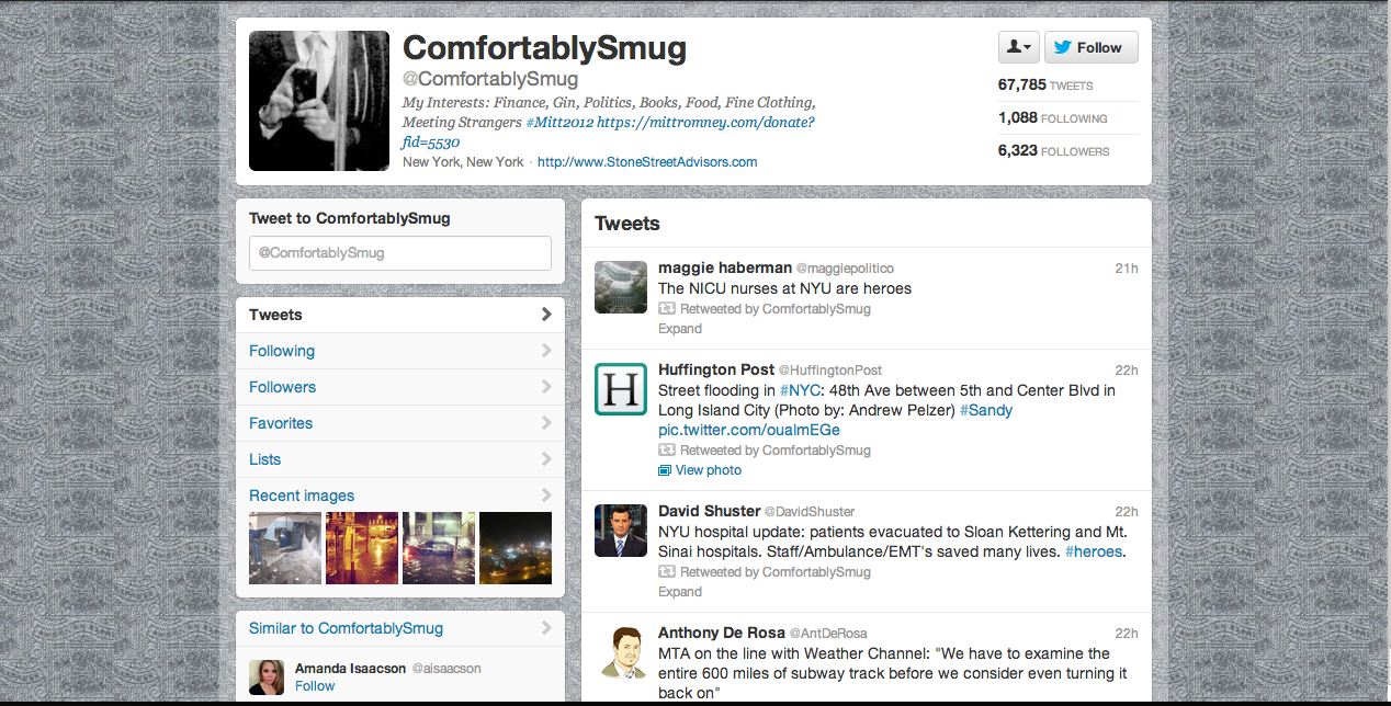 HURRICANE SANDY'S WORST ONLINE TROLL? Screengrab from @ComfortablySmug's Twitter page.