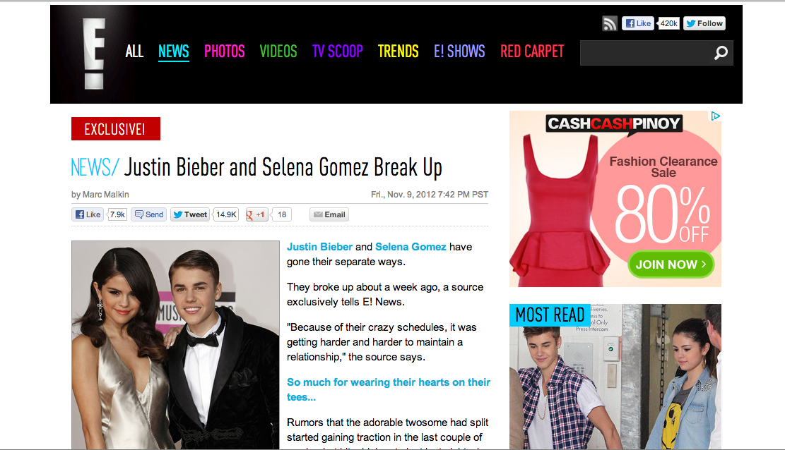 IT'S OVER. Bieber and Gomez are no longer a couple. Screenshot from E! News.