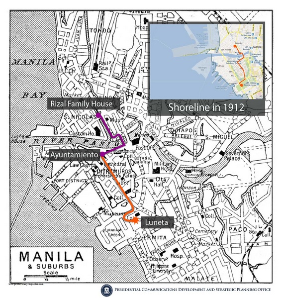 FUNERAL PROCESSION. The route of Jose Rizal's funeral cortege from Binondo to Luneta in 1912. Screen grab from Official Gazette