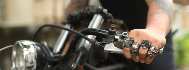 Inspired by ‘grit’. Skull rings that reflect their biker lifestyle.  (Image via 13LuckyMonkey.com)