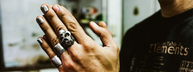 Inspired by ‘grit’. Skull rings that reflect their biker lifestyle.  (Image via 13LuckyMonkey.com)