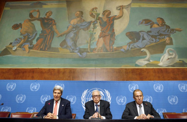 HIGH-STAKES TALKS. US Secretary of State John Kerry, United Nations-Arab League special envoy for Syria Lakhdar Brahimi, and Russian Foreign minister Sergey Lavrov during a September 13, 2013 press conference. Photo by AFP