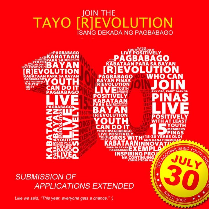 MORE TIME FOR YOUTH GROUPS. TAYO deadline is extended until July 30. Source: TAYO's Facebook Page