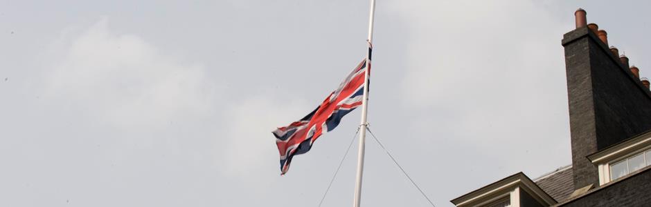 The Union Flag is flown at half-mast at Downing Street following Margaret Thatcher's death. Photo from British Prime Minister David Cameron's Facebook page. 