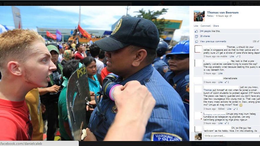 Screengrab of Thomas van Beersum's Facebook profile picture showing mixed comments from his network. The photo was originally taken by Rem Zamora of ABS-CBN