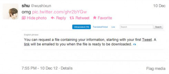 TWITTER DREAM FEATURE. Volunteer translator tweets about Twitter archive downloads. Screen shot from The Next Web.