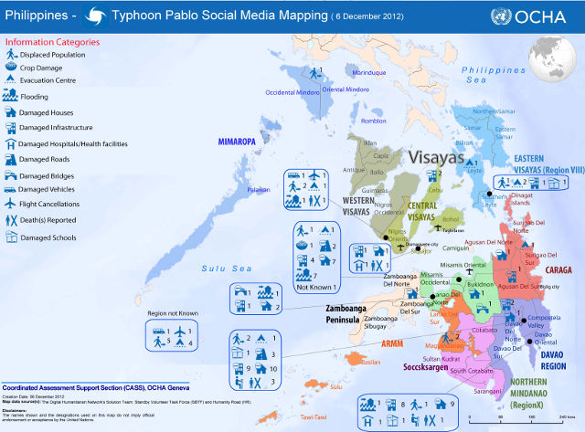 SOCIAL MEDIA MAP. This UNOCHA map is an official UN crisis map sourced from social media data. Map image from http://irevolution.net/2012/12/08/digital-response-typhoon-pablo/