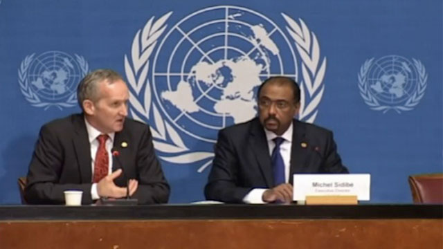 SIGNIFICANT DECLINE. UNAIDS director for evidence, strategy and results Dr. Bernhard Schwartlander and UNAIDS Executive Director Michel Sidibé present the 2012 Global Results report on AIDS. Image grabbed from UNAIDS' Youtube account.